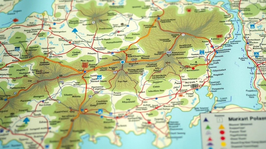 Mapa przyrodnicza ze wszystkimi rodzajami symboli: domki, drogi, lasy, rzeki, wieże