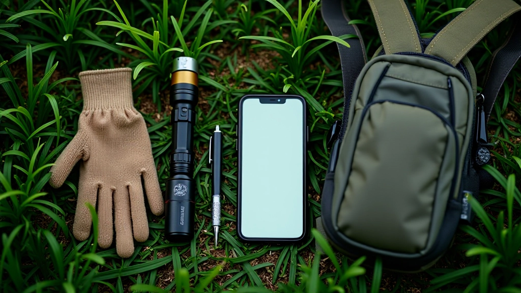 Rozłożony sprzęt geocachera na zielonej trawie — aplikacja na telefonie, latarka LED, długopis, rękawiczki, mały plecak