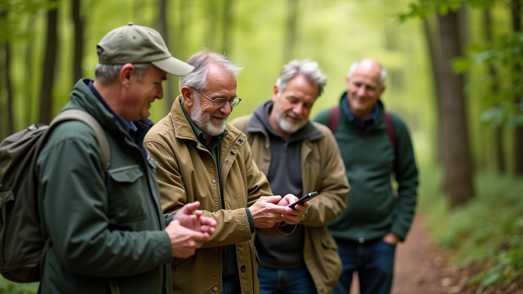 Grupa czterech seniorów na leśnej ścieżce, patrzą na aplikację geocachingu na telefonie, uśmiechają się