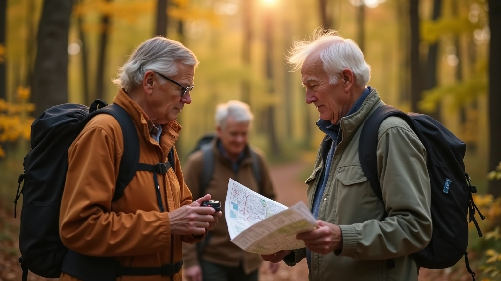 Seniorzy na wycieczce z mapą w lesie