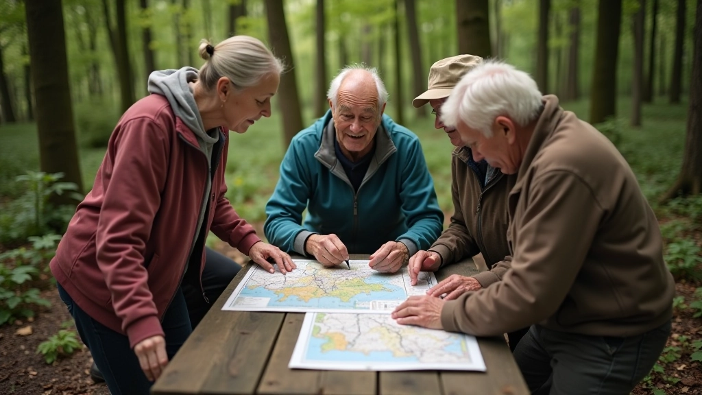 Grupa seniorów rozwiązuje puzzle nawigacyjne na drewnianym stole w lesie, uśmiechając się podczas wspólnej zabawy