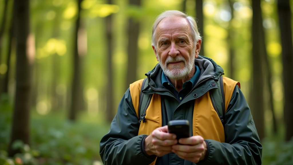 Starszy mężczyzna trzyma GPS i szuka ukrytego pojemnika w lesie między drzewami