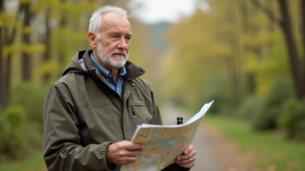 Senior mężczyzna w parku trzymający kompas i mapę, patrzący w kierunek północy z skoncentrowanym wyrazem twarzy