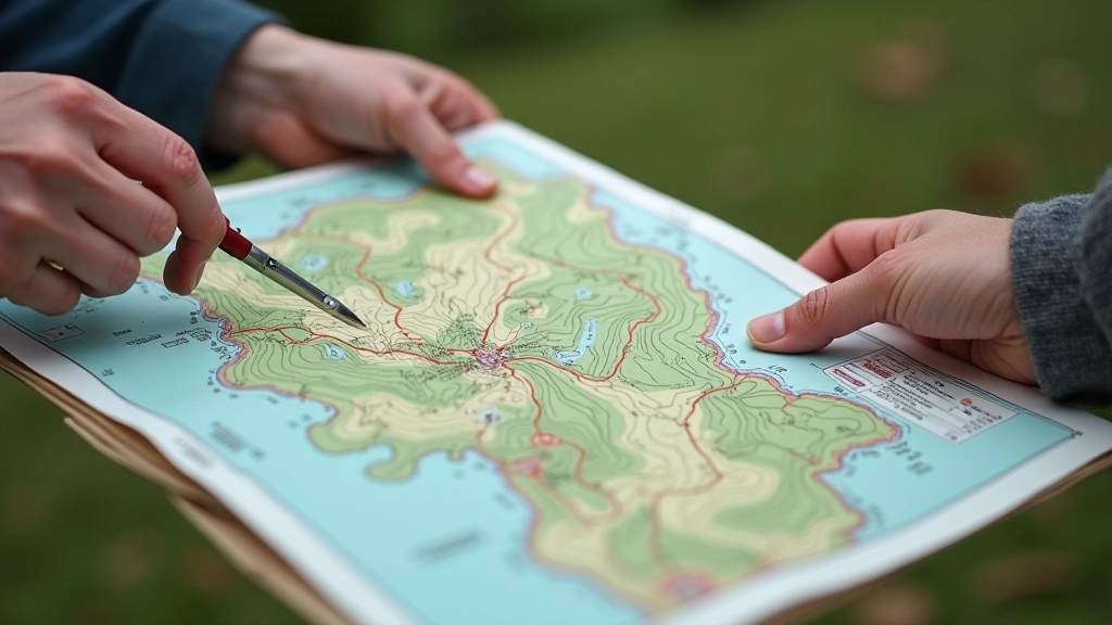 Zbliżenie na mapę topograficzną z zaznaczonymi konturami i symbolami orientacji