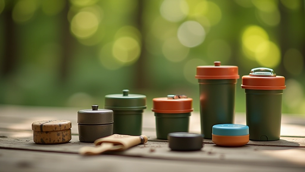 Różne rodzaje geocaching kontenerów ułożone na drewnianym stole — plastikowe tubki, magnetyczne skrytki, pudełeczka